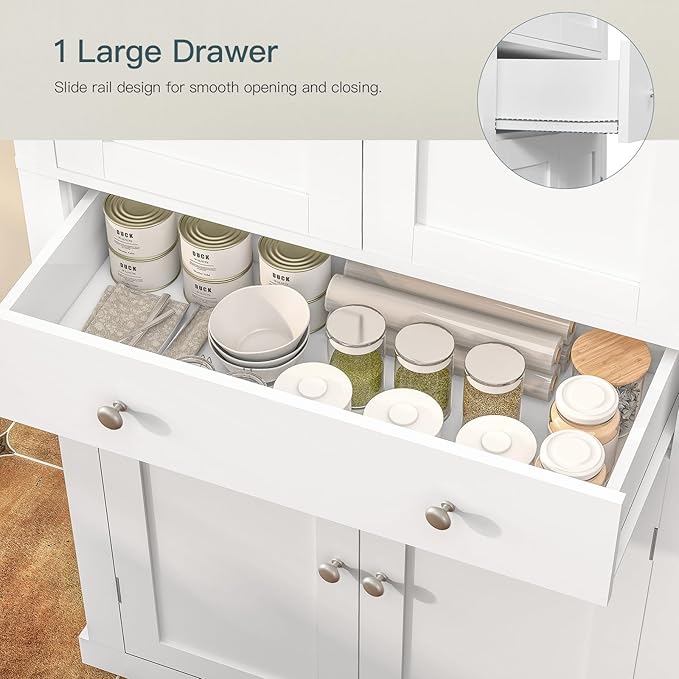 usikey 72” Pantry Cabinet, Tall Kitchen Storage Cabinet with 4 Doors and 1 Drawer, Cupboard with 6 Hanging Shelves and Adjustable Shelves for Kitchen, Dining Room, Living Room, White-Ruum Studio Home