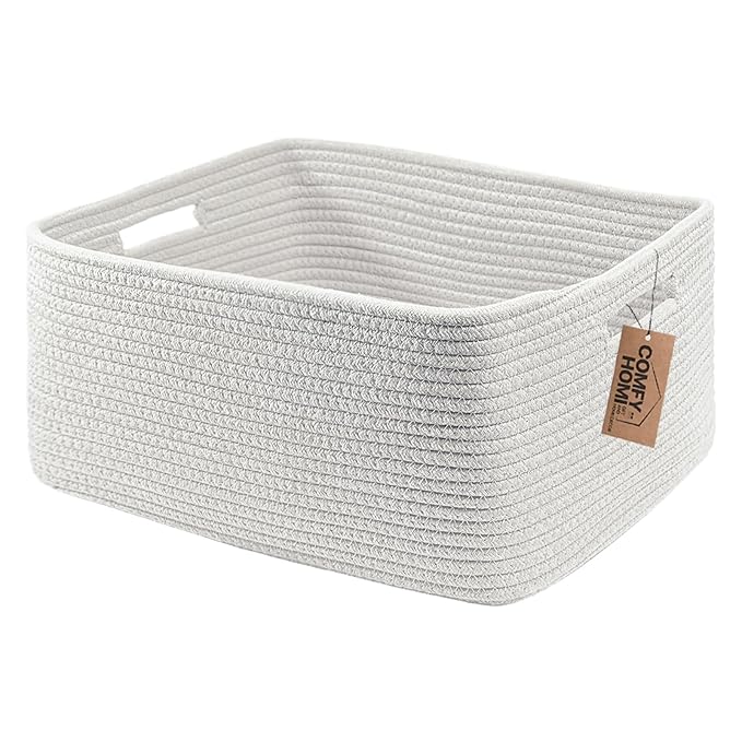 COMFY-HOMI Cotton Rope Woven Basket with Handles for Shelves,Toys,Book, Cloth Storage Baskets for Organizing-17" x 13" x 7.5" Toy Decorative Organizer for Living Room, Bathroom （All White）-Ruum Studio Home
