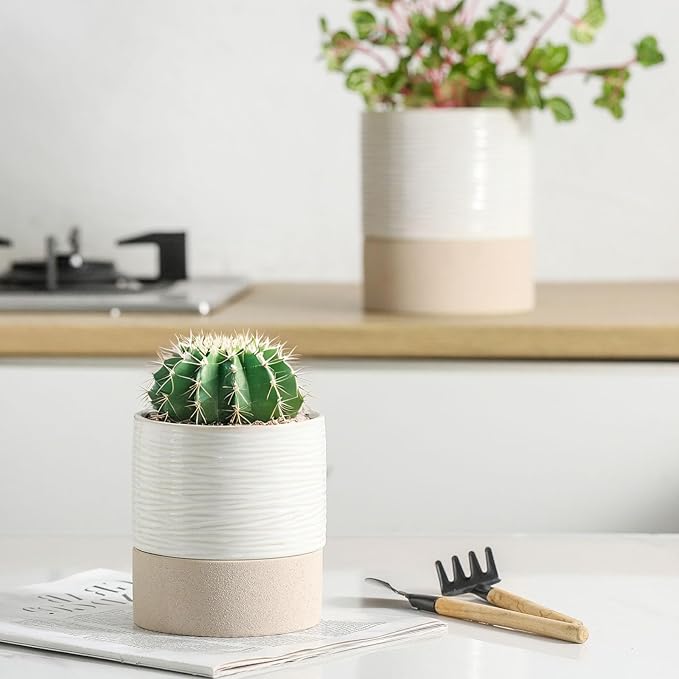 Nihow Self Watering Plant Pot for Indoor Plants: 4.5+6 Inch Ceramic Planter with Drainage Hole & Water Storage Plus - Cylinder Flower Pot with Wick for Herbs -White & Brown-Ruum Studio Home