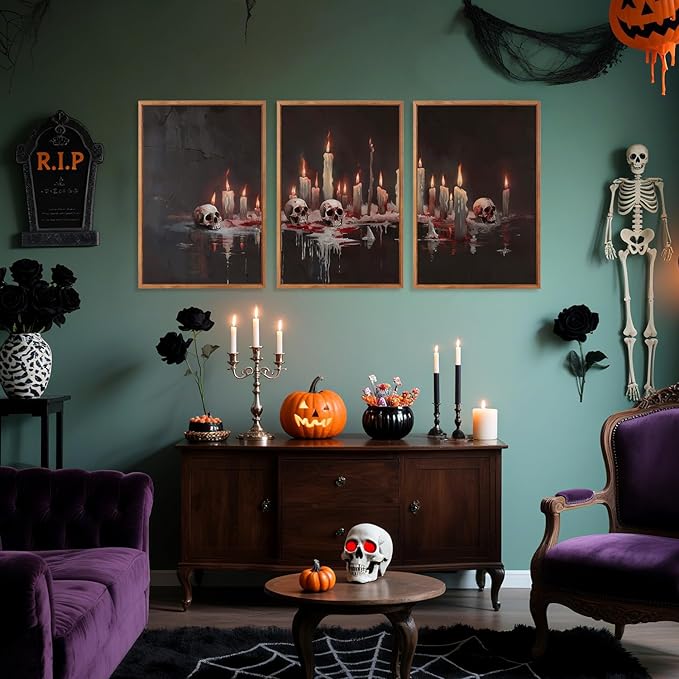 Aurlan Gothic Bloody Skull and Candles Framed Wall Art(16"x24"), 3PCS Horror Dark Academia Halloween Skeleton Canvas Artwork, Modern Goth Spooky Creepy Ghost Decor for Home Office Bedroom-Ruum Studio Home