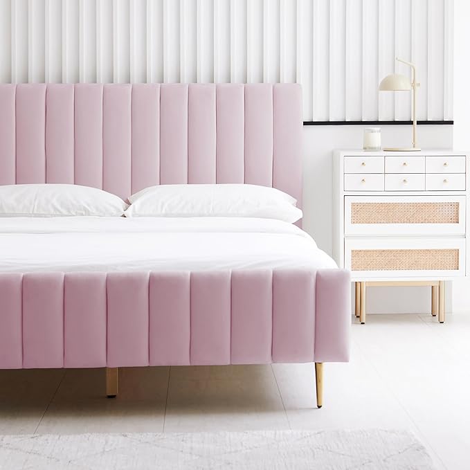 Livinia Twin Size Elton Velvet Platform Bed, Upholstered Bed Frame with Vertical Channel Tufted Headboard Footboard, Strong Wood Slats, No Box Spring Needed, Pink (Twin)-Ruum Studio Home