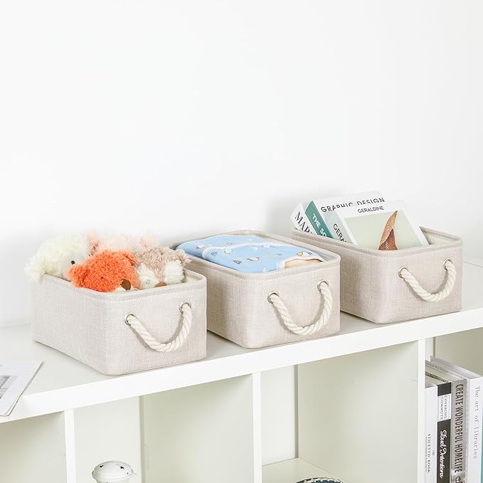 Bidtakay Small Storage Bins for Shelves 3 Pack Fabric Storage Baskets for Organizing 12x8x5 Inch Closet Storage Bins Linen Collapsible Organizer for Closet-Light Biege-Ruum Studio Home