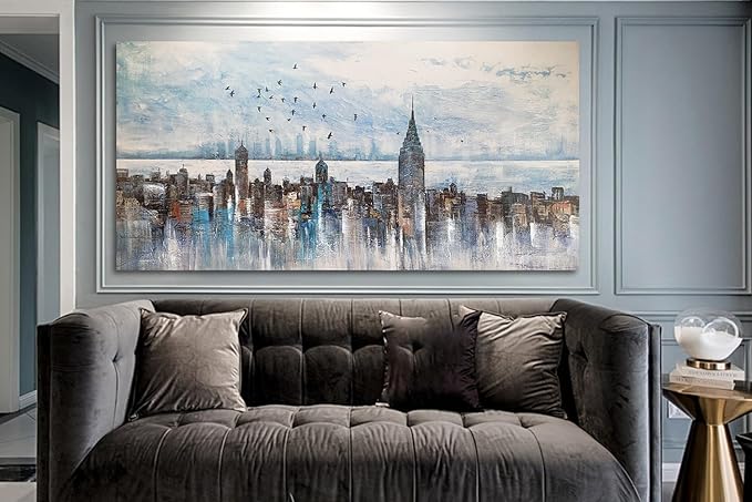 Arjun Cityscape Wall Art New York City Skyline Buildings Picture Modern Abstract Grey NYC Skyline Birds Painting Framed Artwork for Bedroom Living Room Bathroom Home Office Decor, Large Size 40"x20"-Ruum Studio Home