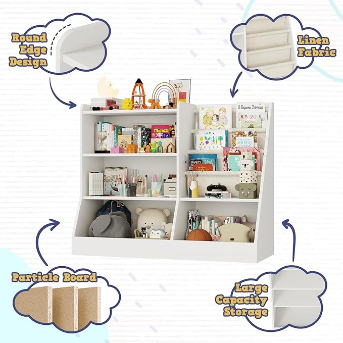 39" Large Kids Wooden Bookshelf and Toy Storage Organizer, Baby Bookcase with Sling Book Rack, Children Toddler Wooden Book Shelf for Kids Rooms, Playroom, Classroom, Nursery, School (White)-Ruum Studio Home