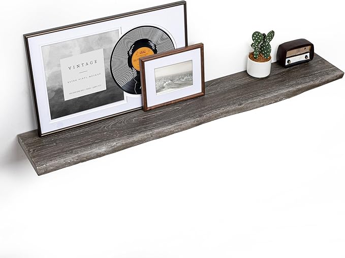 Floating Shelves for Wall, 55"x9.3" Rustic Solid Live-Edge Elm Wood Wall Shelves, Heavy-Duty Floating Shelves with Invisible Brackets, Set of 2 for Living Room, Bedroom, and Kitchen, Grey Finish-Ruum Studio Home