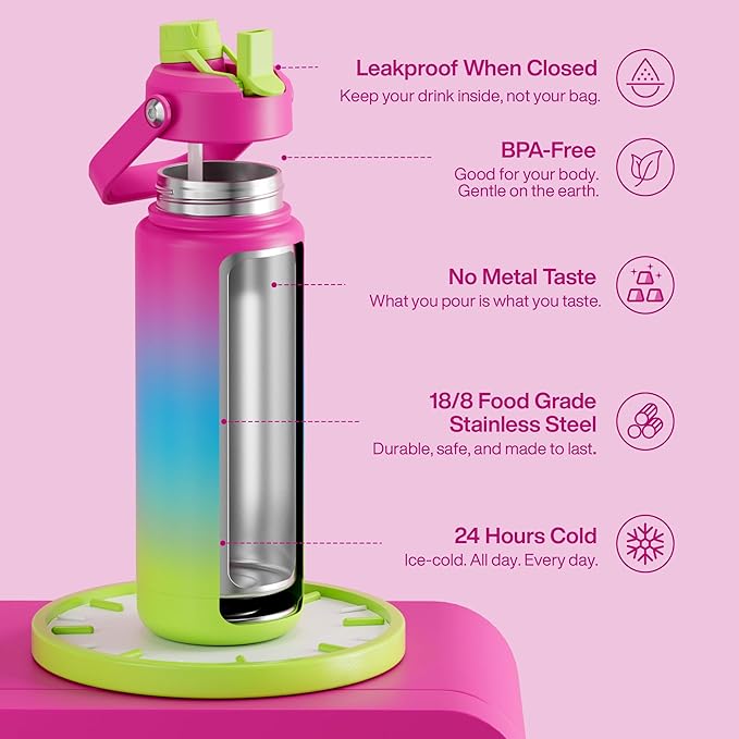 Insulated Water Bottle with Straw Stainless Steel Water Bottle, Leak-Proof, BPA-Free, Double Wall Vacuum Keeps Cold for 24 Hours for Sports, Travel, School (32 oz, Lime Sorbet)-Ruum Studio Home