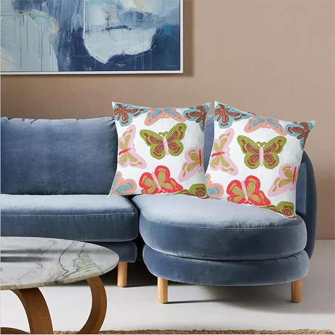 Embroidered Decorative Throw Pillow Cover, 18"x18" Set of 2, Farmhouse Pillowcase Colorful Butterfly Knit Pattern Cotton Canvas Cushion Case Square Floral Pillow Case for Sofa Couch Bed Living Room-Ruum Studio Home