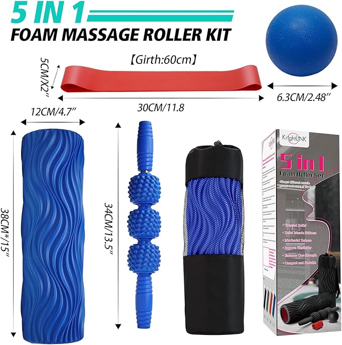 5-in-1 Foam Roller Set, Massage Roller Stick, Massage Ball, Resistance Band for Deep Muscle Massage, Trigger Point Release, Pilates, Yoga (Blue-Wave)-Ruum Studio Home