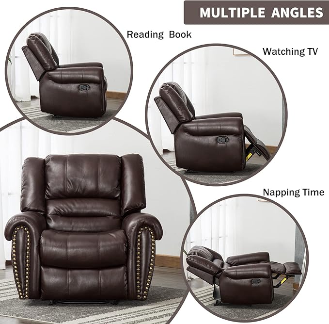CANMOV Leather Recliner Chair, Classic and Traditional Manual Recliner Chair with Comfortable Arms and Back Single Sofa for Living Room, Brown-Ruum Studio Home
