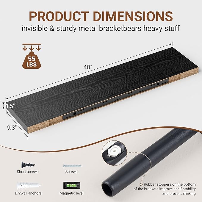 Heimlove 40 Inches Floating Shelves for Wall,9.3" Deep Black Long Floating Shelves Set of 2,Large Display & Storage Shelf,Wall Shelf for Bathroom Bedroom Living Room Kitchen Office-Ruum Studio Home