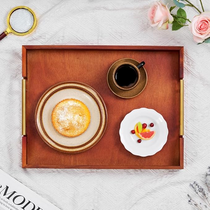 Premium Acacia Wood Ottoman Tray, 17x13 inches Large Serving Tray, Decorative Coffee Table Tray with Metal Handles, Ideal for Breakfast in Bed, Appetizers, Kitchen & Living Room Decor-Ruum Studio Home