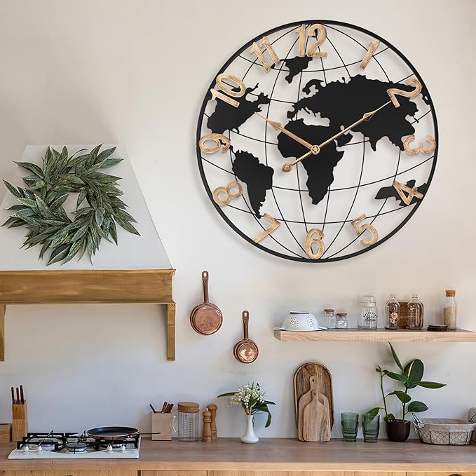 20 Inch Large Wall Clock for Living Room Decor,Big Modern Decorative Silent Metal World Map Wall Clock with Vintage Gold Arabic Numeral for Office,Living Room,Kitchen,Dining Room-Ruum Studio Home