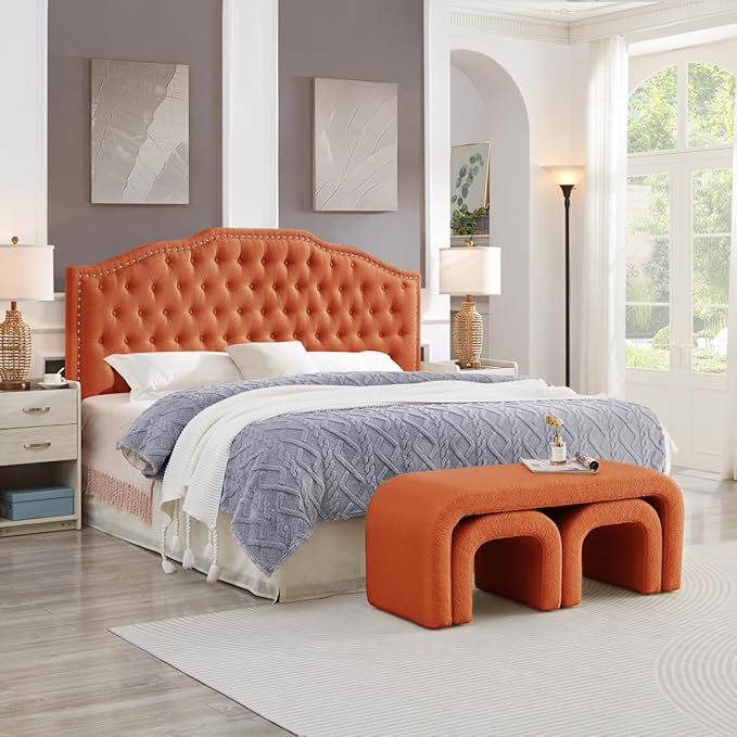 24KF Upholstered Button Tufted King Size Headboard with Nailhead Trim, Elegant Boucle Fabric California King headboard, 6031-K-Boucle-Orange-Ruum Studio Home