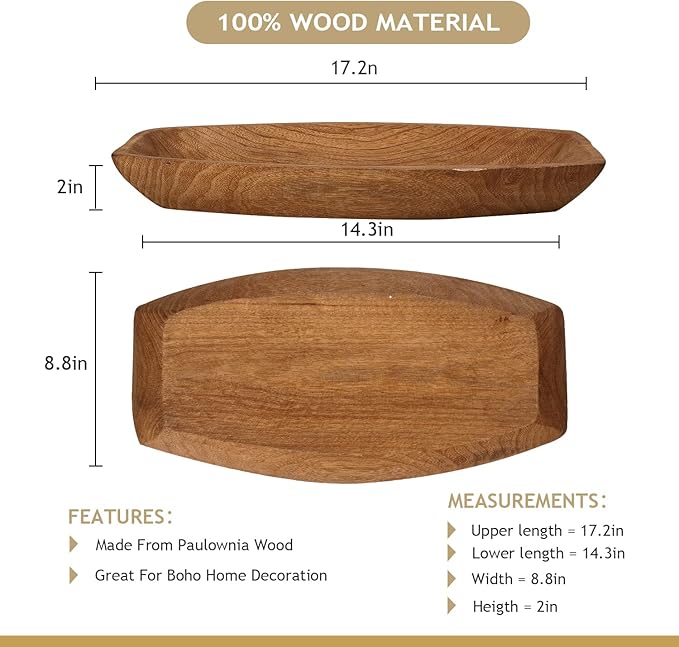 Uziass Wood Dough Bowl, 17.25"x 8.8" Hand Carved Wooden Dough Bowls for Decor Rustic Wood Dough Bowls Decorative Wooden Dough Fruits Bowl for Table Centerpiece Dining Living Room Home Kitchen Decor-Ruum Studio Home