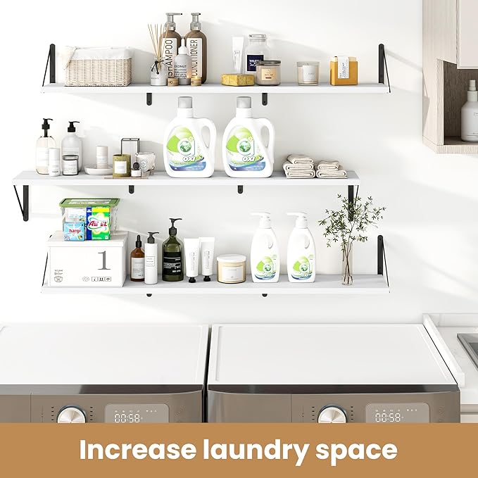 Heimlove 48 Inch Large Floating Bookshelves Set of 3,White Wall Mounted Bookshelves,Heavy Duty Wooden Shelves for Living Room,Bedroom,Kitchen,Laundry Room Storage & Decor-Ruum Studio Home