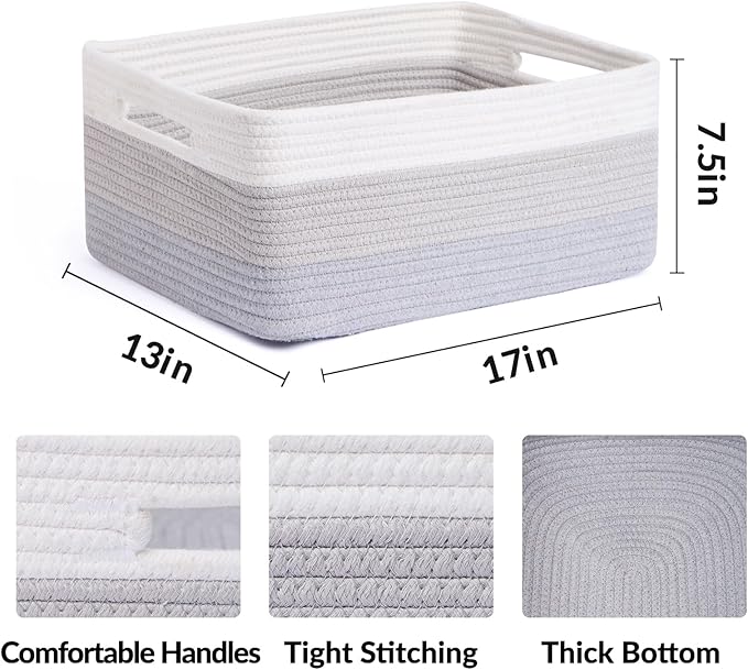 Large Storage Baskets for Shelves, Closet Organizers Bins for Clothes Blanket Towels, Baby Nursery, Toy Baskets Box, Woven Rope Baskets, 17 x 13 x 7.5”, 3 Packs Gradient Grey-Ruum Studio Home