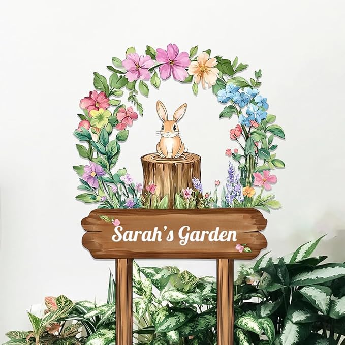 Personalized Rabbit Metal Sign with Stake,Custom Gardener Last Name Signs Outdoor Decor,Customized Flowers Gardening Birthday Gifts,Cute Animal Plaques for Patio Lawn Porch Backyard Farmhouse Outside-Ruum Studio Home