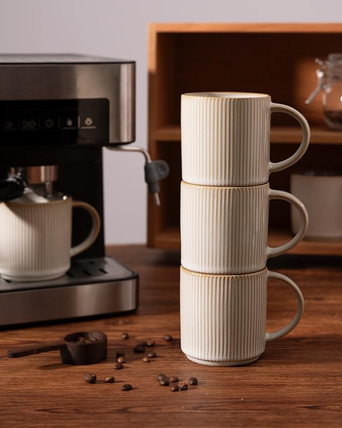 famiware Coffee Mug Set for 6, Star 12 oz Catering Mugs Cup Set with Handle for Coffee, Tea, Cocoa, Milk - Ceramic Stoneware Drinkware Set, Cappuccino White-Ruum Studio Home