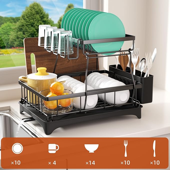 Godboat Dish Drying Rack, 2-Tier Dish Rack with Auto-Drain & Mat, Dish Racks for Kitchen Counter, Dish Drainer with Knife, Fork & Cup Rack, Gifts for Women, Mothers Day, Cool Stuff & Kitchen Gadgets-Ruum Studio Home