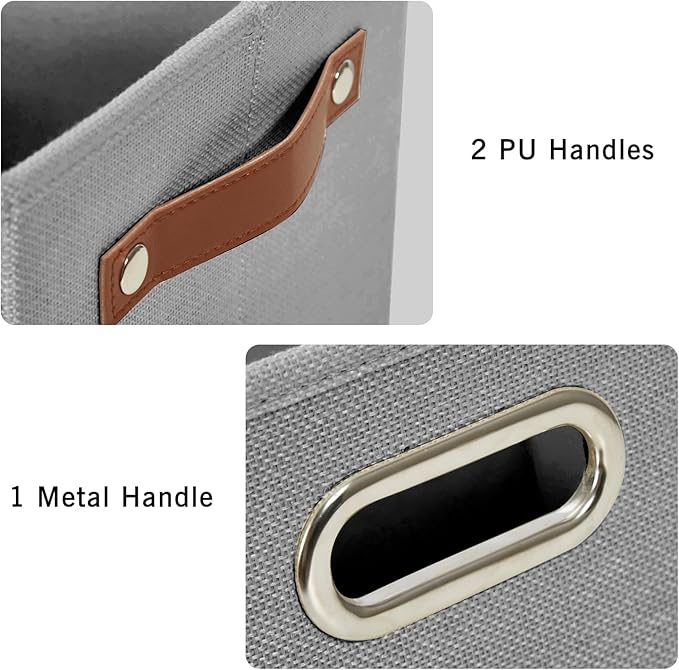 Large 3-Pack Foldable Fabric Storage Bins with Durable PU & Metal Handles, Collapsible Storage Baskets for Shelves, Home Storage, Closet Organizers, Living Room(14.9"x9.8"x9.8", Grey)-Ruum Studio Home