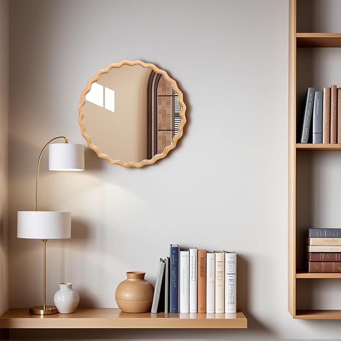 Wavy Mirror 27.5x27.5 Inch, Decorative Bathroom Mirror with Natural Wood Frame, Entry Way Mirrors for Wall, Shatterproof Glass, Mirrors for Wall Decor-Ruum Studio Home