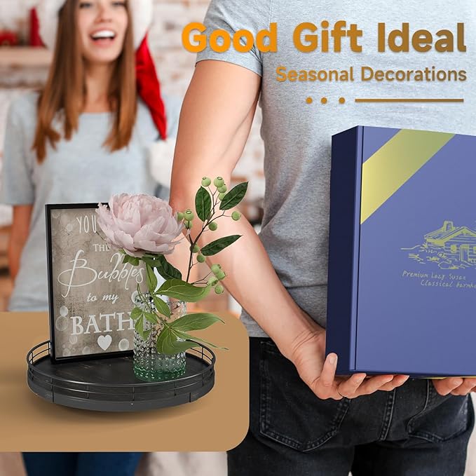 10" Oak Bathroom Vanity Tray Turntable for Perfume Candle, Round Wooden Decorative Tray for Kitchen Sink Countertop Organizer, Bathroom Counter Organizer for Skincare Makeup, Farmhouse Black Gold-Ruum Studio Home