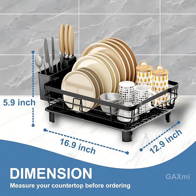 GAXmi Dish Drying Rack Over The Sink Drainer with Drainboard Utensil Holder, 1-Tier Black-Ruum Studio Home