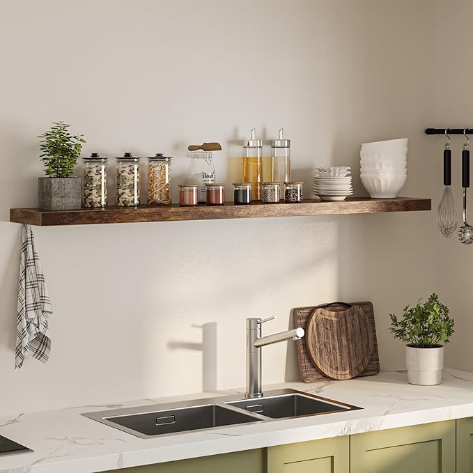 Floating Shelves for Wall, 72" W x 9.3" D x 1.5" H, Long Wooden Wall Mounted Display Shelf with Invisible Brackets for Living Room, Bedroom, Bathroom, Kitchen & Storage, Set of 1, Rustic Brown-Ruum Studio Home