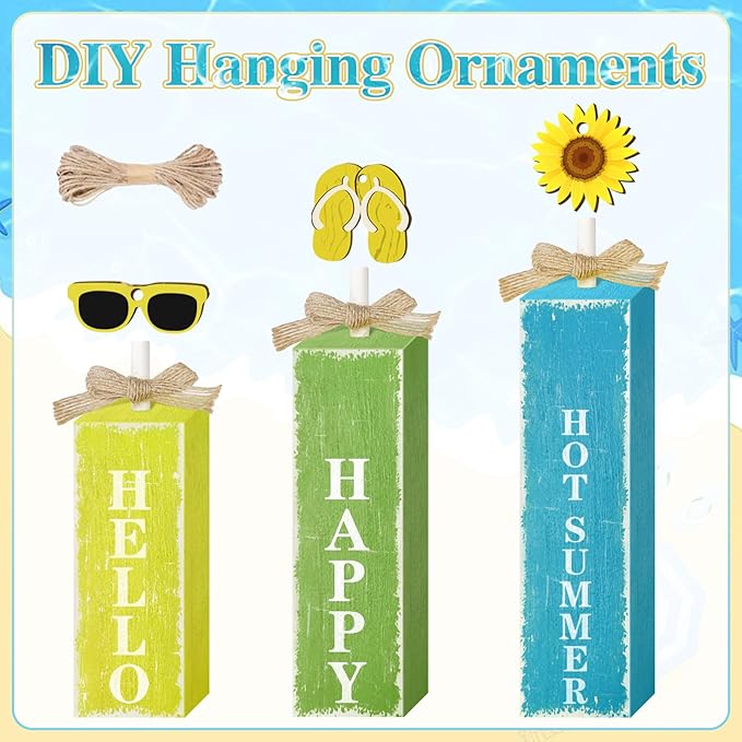 3 PCs Wooden Tiered Tray Decor Hello Happy Hot Summer Rustic Table Decor Block Signs for Beach Island Home Office Decorations (Summer-1)-Ruum Studio Home
