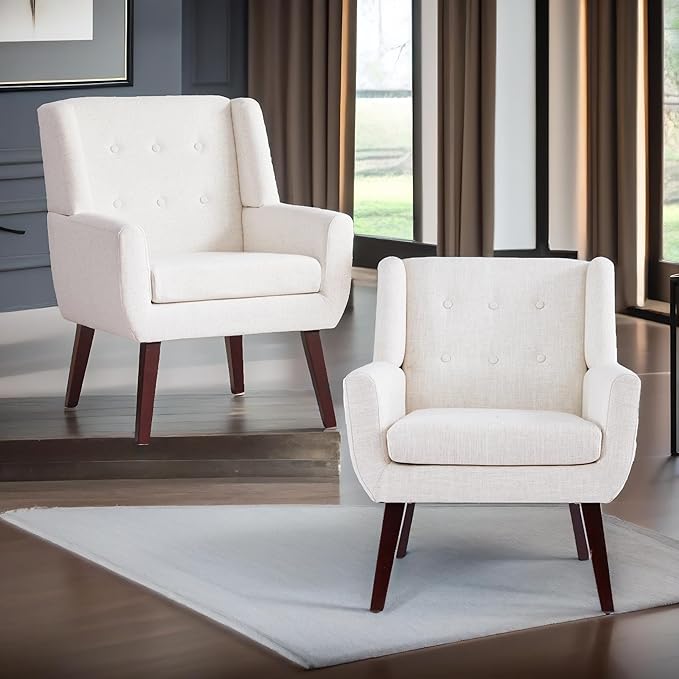 HUIMO Button-Tufted Accent Chairs Set of 2,Upholstered Reading Living Room Chair,Mid Century Modern Chair with Linen Fabric, Club Chair,Comfy Arm Chairs for Living Room,Bedroom,Beige-Ruum Studio Home