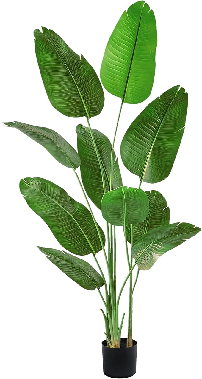 Fake Bird of Paradise Silk Artificial Plant Faux Banana Leaf Tree for Home Decor Indoor Floor Plant with 10 Trunks (1, Black Planter, 6 FT)-Ruum Studio Home