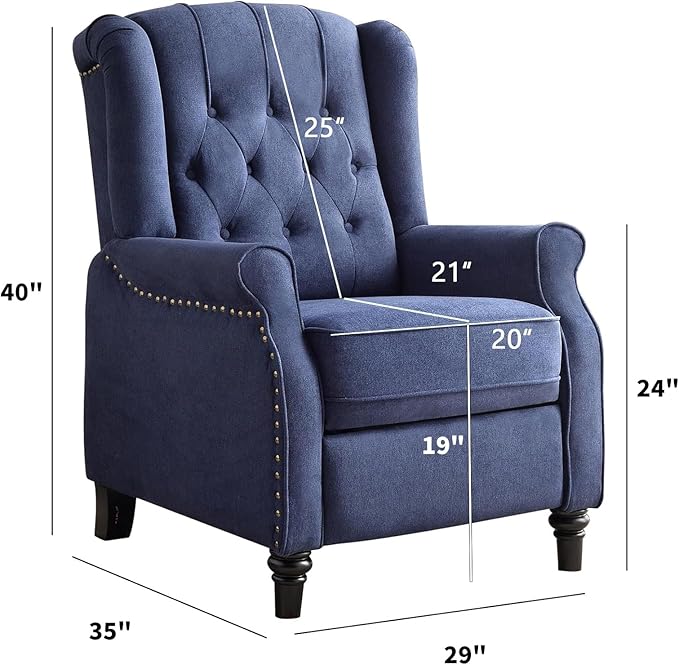 CANMOV Push Back Recliner Chair Set of 2, Modern Fabric Wingback Recliner Chair, Comfy Armchair Single Sofa Accent Chair with Padded Seat and Nailhead Trim, Tufted, Dark Blue-Ruum Studio Home