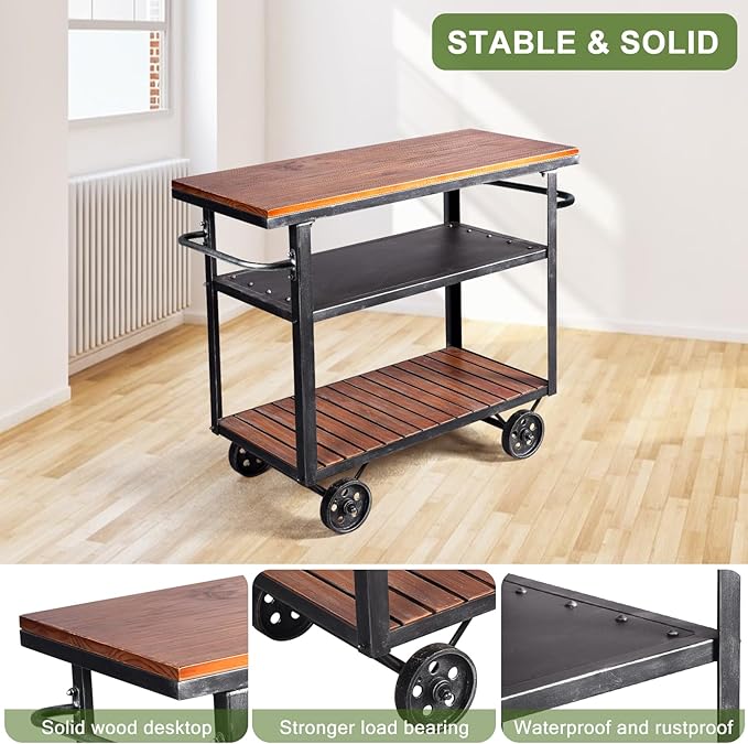 Diwhy Industrial 3 Tier Rolling Utility Storage Cart Wine Beverage, Metal Wine Rack with Wheels Kitchen Bar Dining Room Tea Wine, Storage Cart with Wood-Ruum Studio Home