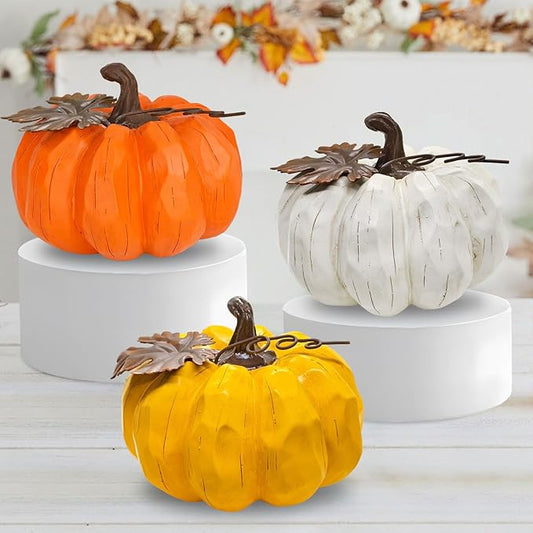 Large Pumpkin Decor Fall Decor, 3PCS Resin Pumpkins Thanksgiving Decorations with Metal Maple Leaf,5.9Inch Artificial Pumpkins for Home, Farmhouse, Mantel, Centerpiece Table Decorations-Ruum Studio Home