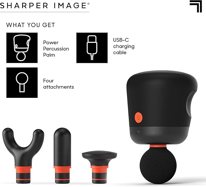 Sharper Image® Powerboost® Palm Portable Percussion Massager - 4 Attachments, 4 Speeds| Compact Full Body Back & Shoulder Mini Massage Gun| Deep Tissue Muscle Soreness Recovery| Wellness Gift-Ruum Studio Home