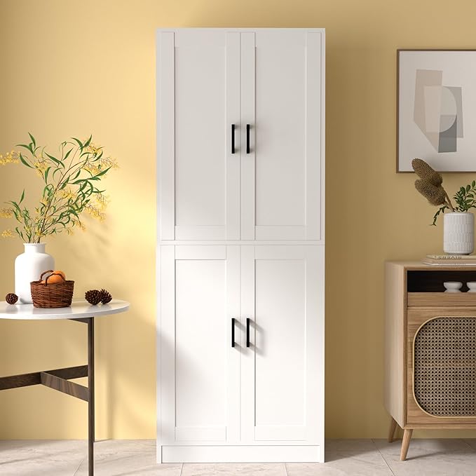 White Kitchen Pantry, 71" Tall Cabinet with Doors, Hutch with Storage for Dining Room-Ruum Studio Home