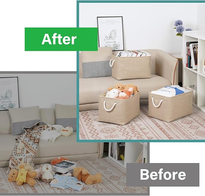 Bidtakay Large Storage Baskets for Shelves 3 Pack Fabric Storage Bins for Organizing Linen Collapsible Organizer for Closet-Flaxen-Ruum Studio Home