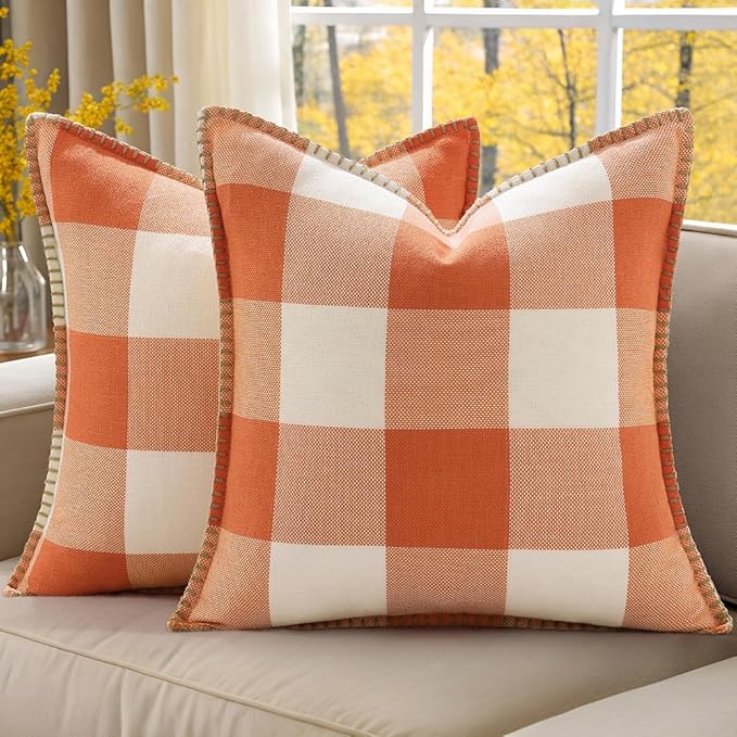 decorUhome Fall Orange and White Decorative Throw Pillow Covers 22x22 Set of 2, Buffalo Plaid Check Farmhouse Cushion Covers with Stitched Edge for Autumn Harvest Couch Sofa Bed Home Decor-Ruum Studio Home