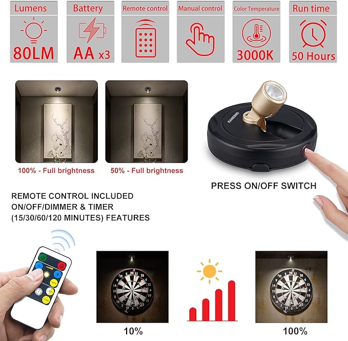 Spotlight Battery Operated, Wireless LED Puck Light, Dimmable Accent Spot Light for Plant Tree Indoor, Stick Uplighting for Display Photo Dartboard Painting Artwork Gallery Portrait, 2 Pack-Ruum Studio Home