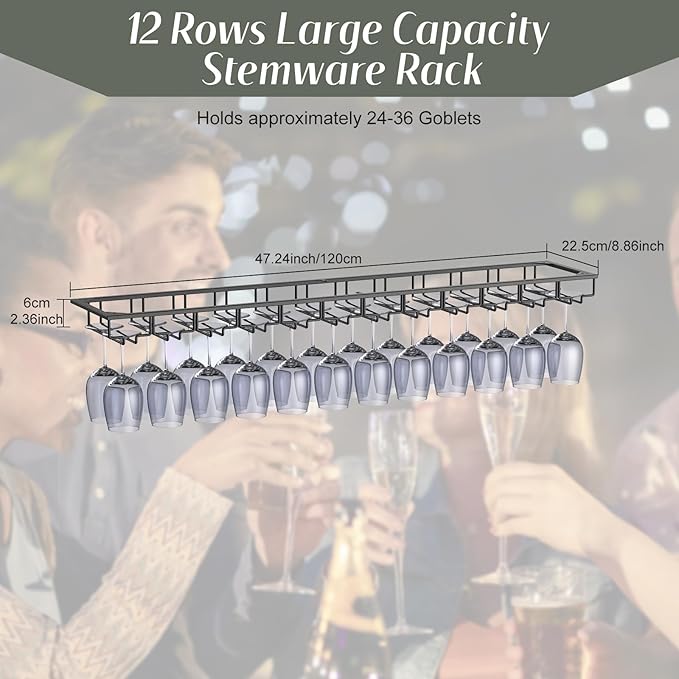 Xverycan Wine Glass Rack Under Cabinet, 12 Row Extreme Large Stemware Hanger, Metal Wine Goblet Holder, DIY Bar Glass Storage Rack for Bar Counter, Kitchen, Screws Included-Ruum Studio Home