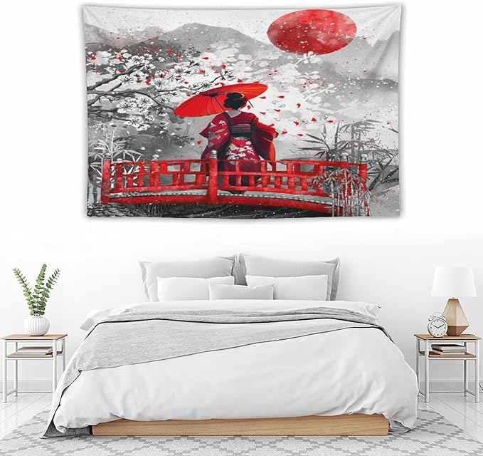 Japanese Red Geisha Tapestry Asian Cherry Blossom Red Sun Traditional Kimono Folk Tapestries Home Decor for Living Room Bedroom Apartment Farmhouse Dorm 90"x60"-Ruum Studio Home