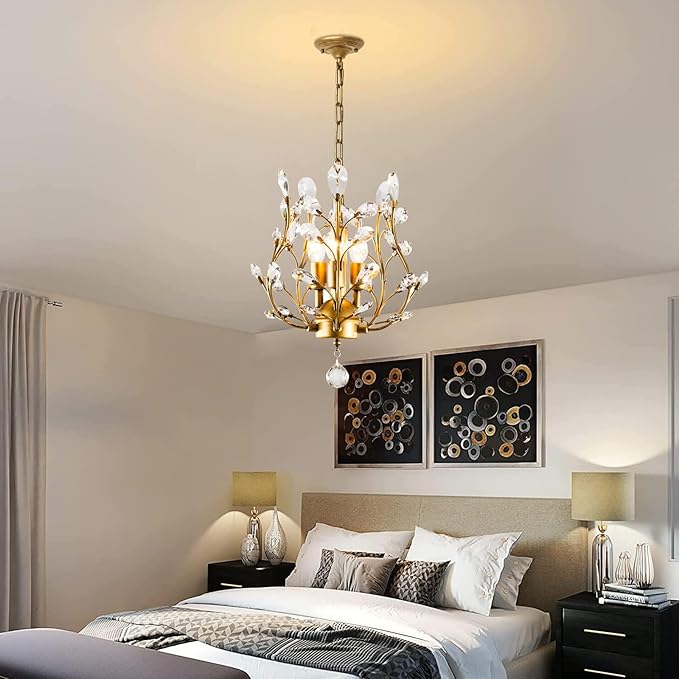 Ganeed Crystal Chandeliers,K9 Crystal Pendant Light with 3-Light Chandelier Lighting Fixtures,Ceiling Light for Living Room Bedroom Restaurant Hallway (Gold)-Ruum Studio Home