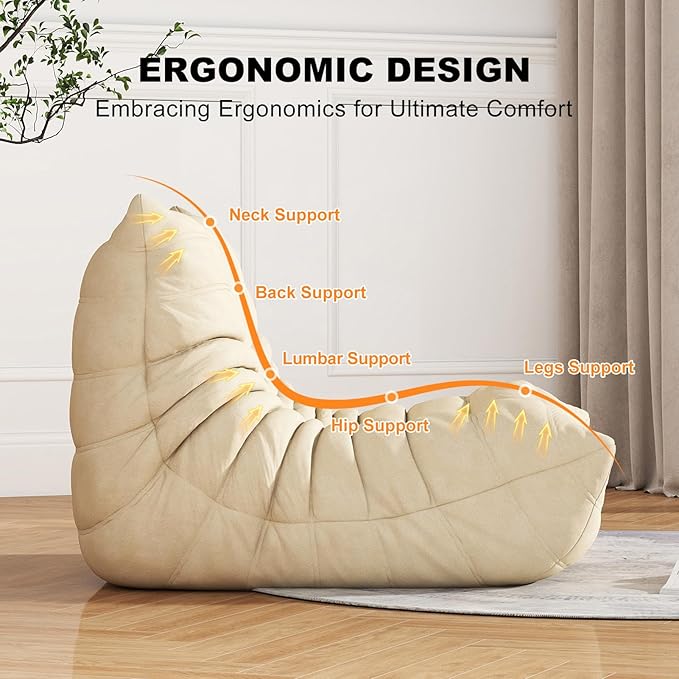 Bean Bag Chair for Adults, Lazy Floor Sofa Couch - Adult Size with Soft Waterproof Fabric for Living Room, Apartments, Reading Corner, Gaming, and Movie Venue (White)-Ruum Studio Home