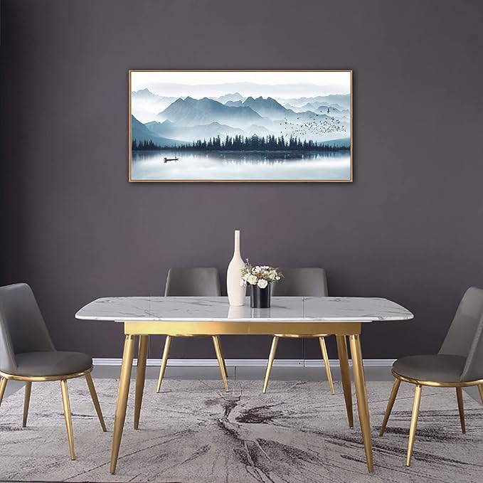 Indigo Framed Canvas Wall Art Misty Mountain Wall Pictures Foggy Lake Boat Canvas Painting Prints Forest Birds Canvas Wall Decor for Living Room Bedroom Decorations Framed 20" x 40" Natural-Ruum Studio Home