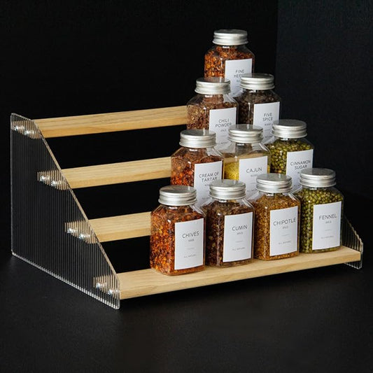 nianfeng Tiered Spice Rack, 4-Tier Spice Pantry Kitchen Cabinet Organizer, 12-Inch, Natural Wood Acrylic Stair Riser Stand, Countertop Seasoning Shelf-Ruum Studio Home