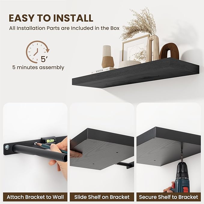 Fun Memories Floating Shelves for Wall, 32 Inch Long Floating Shelves Set of 2, 32 x 10 Wooden Shelves for Wall, Large Storage Shelves, Hanging Shelves for Bathroom Kitchen Bedroom, Black-Ruum Studio Home