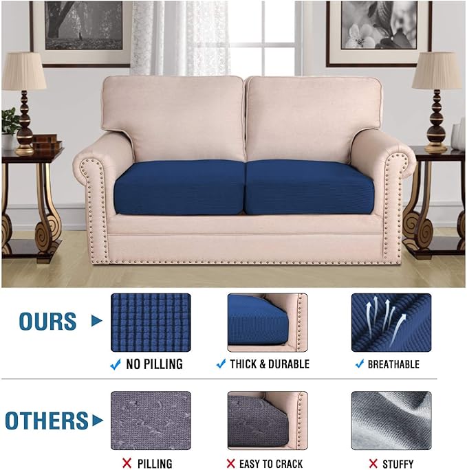 H.VERSAILTEX Super Stretch Individual Seat Sofa Covers Slipcover Sets Thick Jacquard Textured Twill Fabric (2 Piece Medium Sofa Cushion Covers, Navy)-Ruum Studio Home