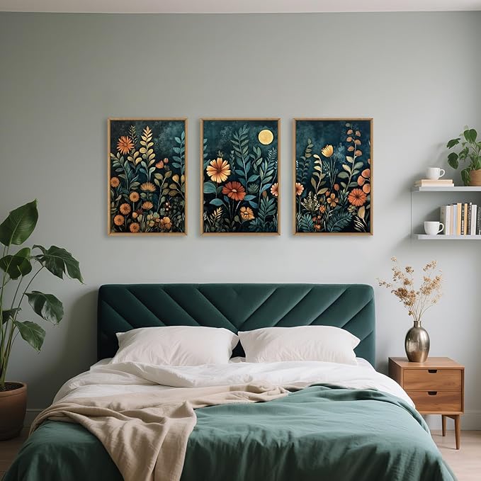 Celestdeco Vintage Dark Botanical Framed Canvas Wall Art Set, Colorful Floral Wall Decor, Nature Wildflower Wall Painting, Colorful Blossom Art Prints for Living Room, Bedroom, Office - 24"X36"X3-Ruum Studio Home