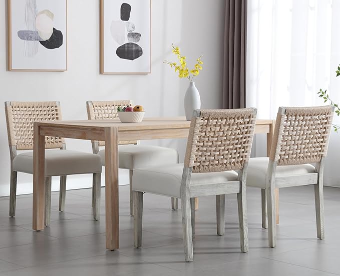 Kmax Farmhouse Dining Chairs Set of 4, Rustic Kitchen Chairs with Linen Fabric Seat and Woven Back, Vintage Accent Chairs for Dining Room, Living Room, Ivory-Ruum Studio Home