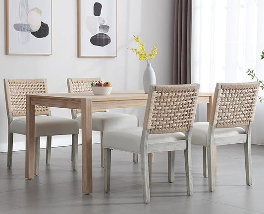 Kmax Farmhouse Dining Chairs Set of 4, Rustic Kitchen Chairs with Linen Fabric Seat and Woven Back, Vintage Accent Chairs for Dining Room, Living Room, Ivory-Ruum Studio Home